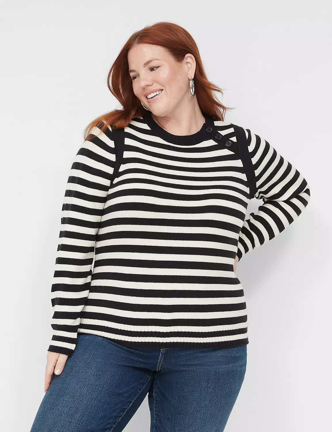 Crew-Neck Button-Shoulder Stripe Sweater | LaneBryant | Lane Bryant (US)