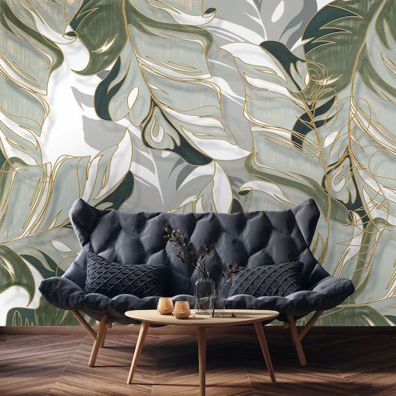 Gold Detailed Tropical Leaves Wallpaper, Big Leaf Wall Poster, Elegant Living Room Wall Mural, Ea... | Etsy (US)