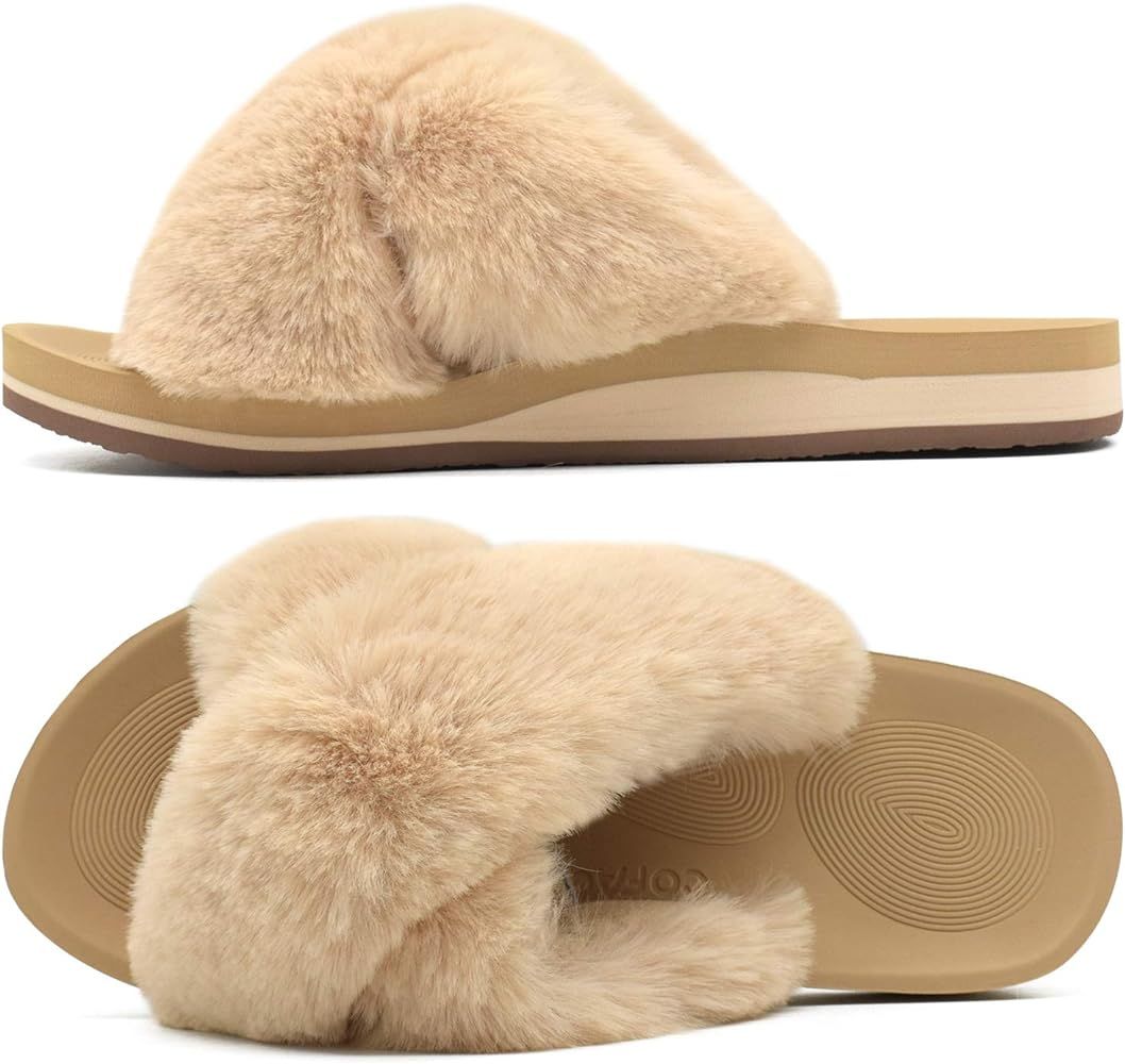 COFACE Womens Fuzzy Slides Fluffy Faux Fur Cross Slippers Open Toe Yoga Mat House Slippers Sandals W | Amazon (US)