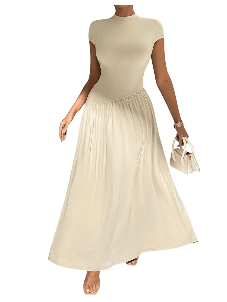 SOLY HUX Women's Summer Maxi Dress Modest Mock Neck Cap Sleeve A Line Flowy Elegant Long Dresses | Amazon (US)