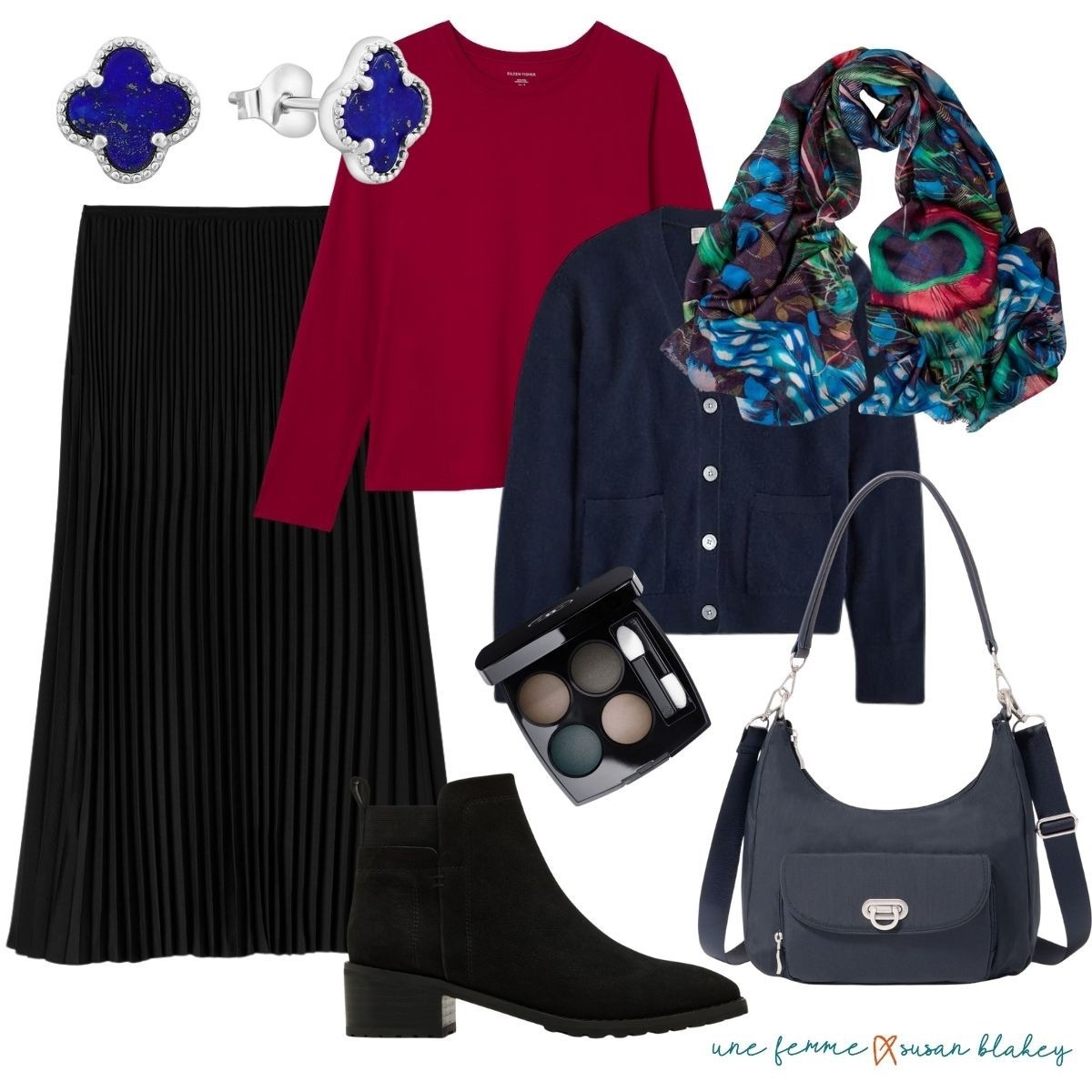 Exploring in comfort and style ✈️ I paired a classic pleated skirt with a rich red long-sleeve tee and layered a navy cardigan over it for that effortless cool palette vibe. Chunky suede booties keep the look grounded and practical for walking, while still adding a little edge. Polished, versatile, and easy to wear—this is exactly the kind of outfit I love for travel days that take me from sightseeing to dinner without skipping a beat. 💙❤️✨

#LTKSeasonal #LTKOver40 #LTKPetite