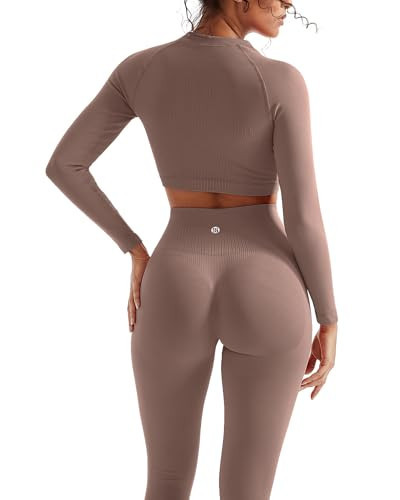 SUUKSESS Women 2 Piece Workout Sets Hidden Scrunch Hip Lifting Seamless Leggings Long Sleeve Yoga Crop Tops High Waisted Yoga Pants Tracksuits (Camel, XS) | Amazon (US)