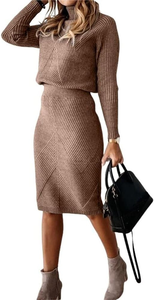 chouyatou Women's Casual 2 Piece Outfits Turtleneck Cable Knit Sweater and Bodycon Skirt Sets | Amazon (US)