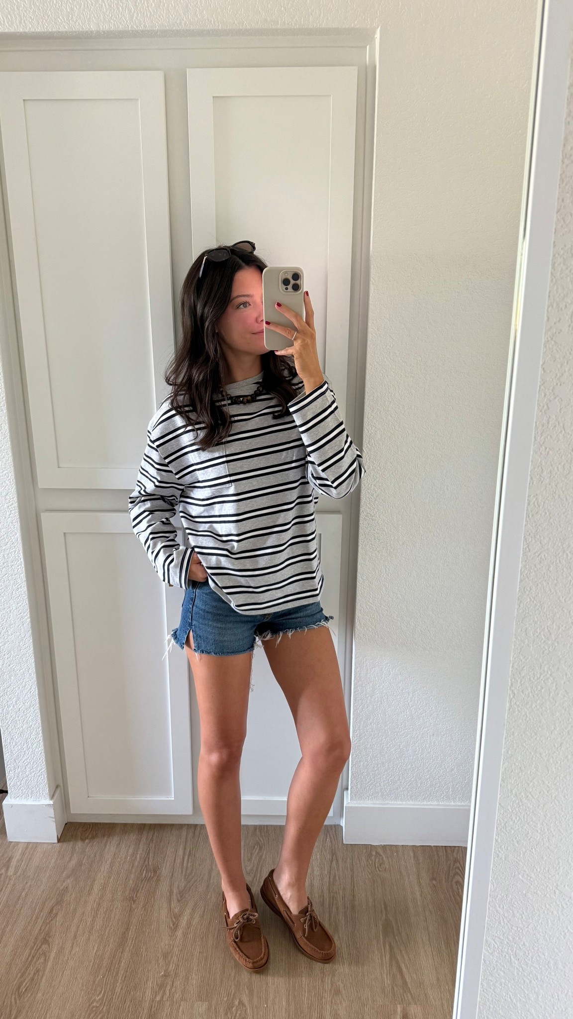 Outfit of the day! I’m 5’7” wearing a small in the striped long sleeve shirt and 25 in the jean shorts! I size down a half size to a 7.5 in Sperry (usually an 8)

#LTKFindsUnder100 #LTKStyleTip #LTKSeasonal