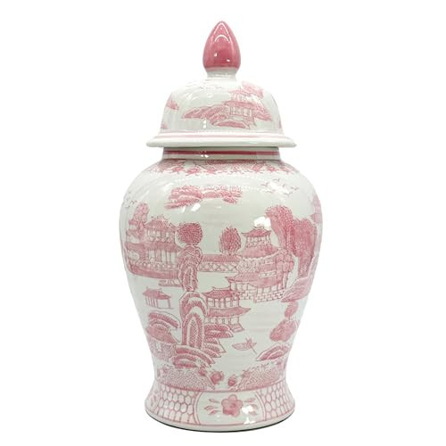 Galt International Pink Floral Chinoiserie Ceramic Temple Jar 18" w/Lid - Ginger Jar Home & Kitchen Decor for Interior Design - Pink & White | Amazon (US)