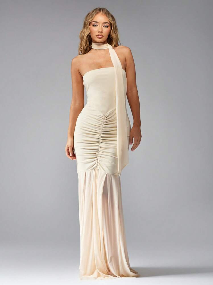 MISSGUIDED Neck Tie Ruched Waist Detail Bandeau Contrast Maxi Dress | SHEIN