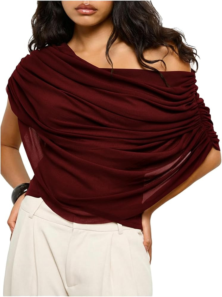Milumia Women's Off The Shoulder Ruched Mesh Top Draped Asymmetrical Short Sleeve T Shirts | Amazon (US)