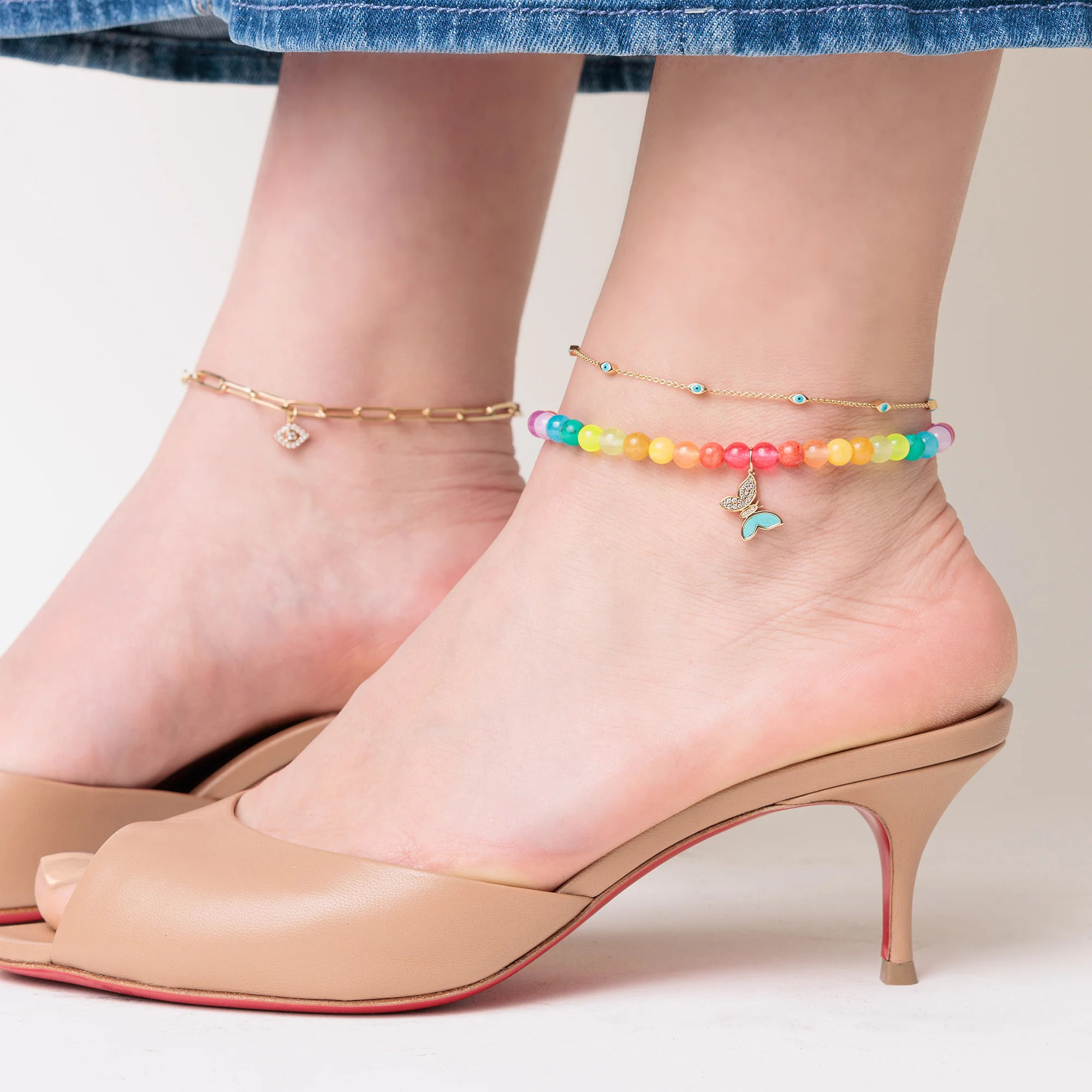 Gold & Diamond Tiny Butterfly Rainbow Jade Anklet | Sydney Evan