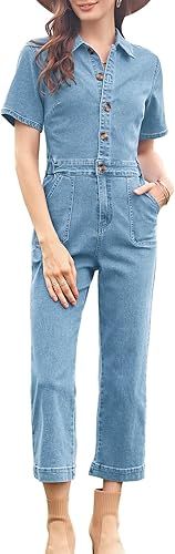 Cicy Bell Women's Short Sleeve Denim Jumpsuits Elastic Waist Cropped Capri Jeans Rompers | Amazon (US)