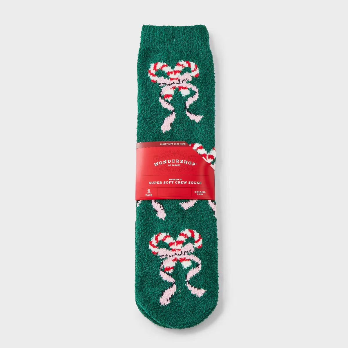 Women's Candy Cane Bows Christmas Cozy Crew Socks with Gift Card Holder - Wondershop™ Green/Whi... | Target