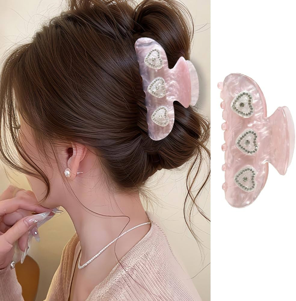 Valentine’s Day Heart Hair Claw Clips - 1 Pack Pink Acrylic Hair Clips Heart Rhinestone Design ... | Amazon (US)
