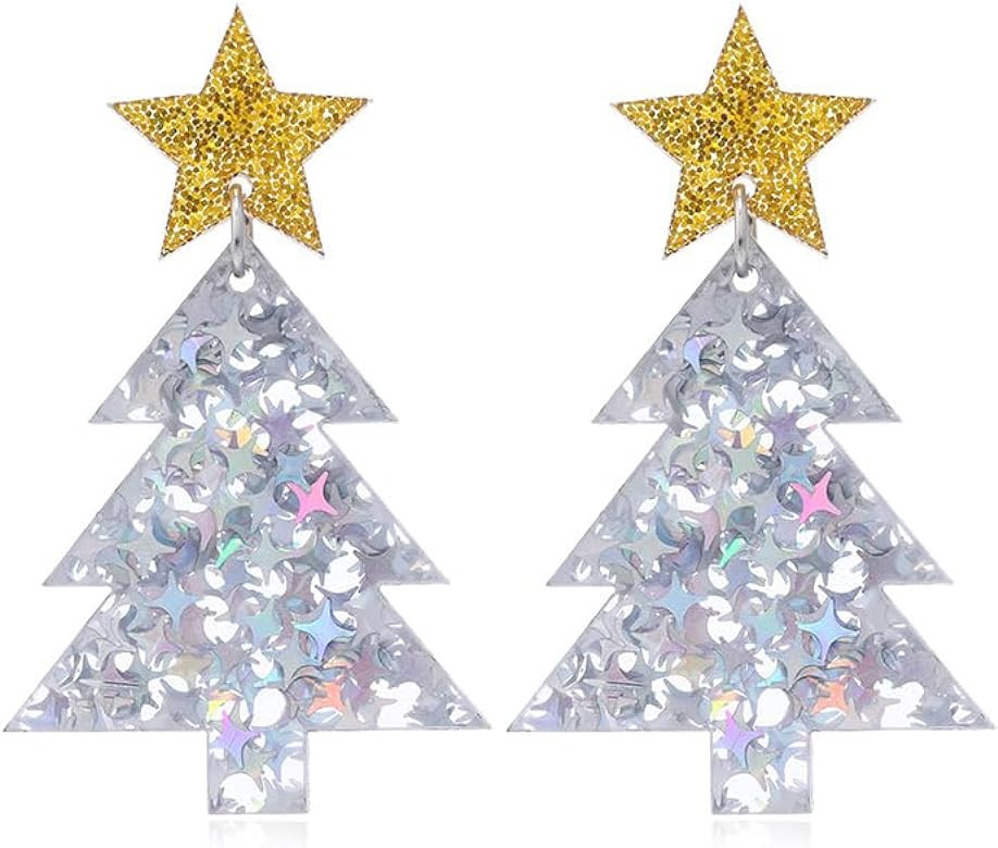 Christmas Tree Earrings Colorful Acrylic Drop Dangle Earrings Shiny Pentagram Stud Earrings Chris... | Amazon (US)