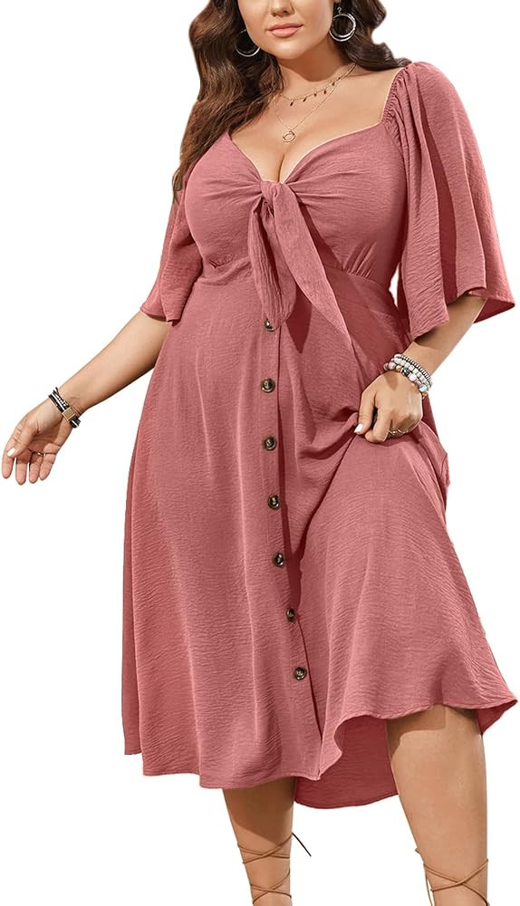 Plus Size Summer Dress Casual Short Sleeve Bow Tie Deep V Neck Smocked Button Down Midi Flowy A-l... | Amazon (US)