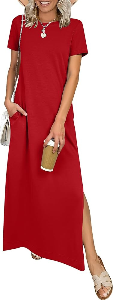 ANRABESS Womens Summer Casual Maxi Dress Short Sleeve Crewneck Split Wrinkle-Free Travel Long Sun... | Amazon (US)