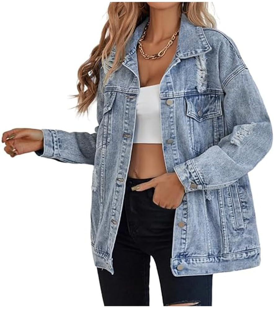 LifeShe Women's long oversized denim jacket boyfriend ripped distressed jean jackets coat | Amazon (US)