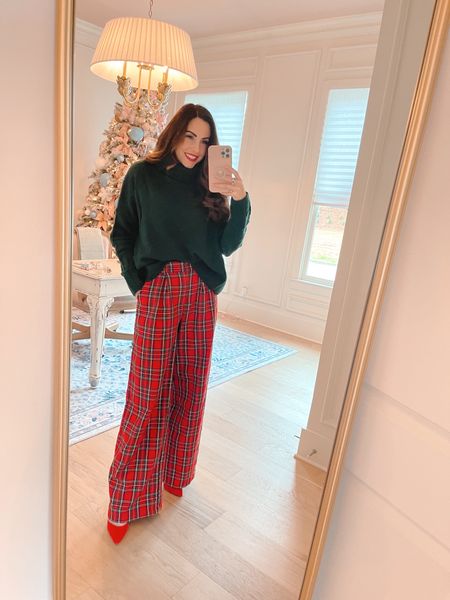 Christmas outfit idea great for working through the holiday season, or for sunday church! Pants fit tts with a teeny extra room perfect to tuck a sweater into the front. Love the plaid pants and festive soft green sweater too! Code THANKJESSICA for 25% off your order the next 24 hrs only!

#LTKsalealert #LTKHoliday #LTKunder100