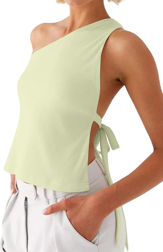 Dsewpaur Women Backless One Shoulder Top Sleeveless Open Side Back Tie Self Tank Tops Summer Casu... | Amazon (US)