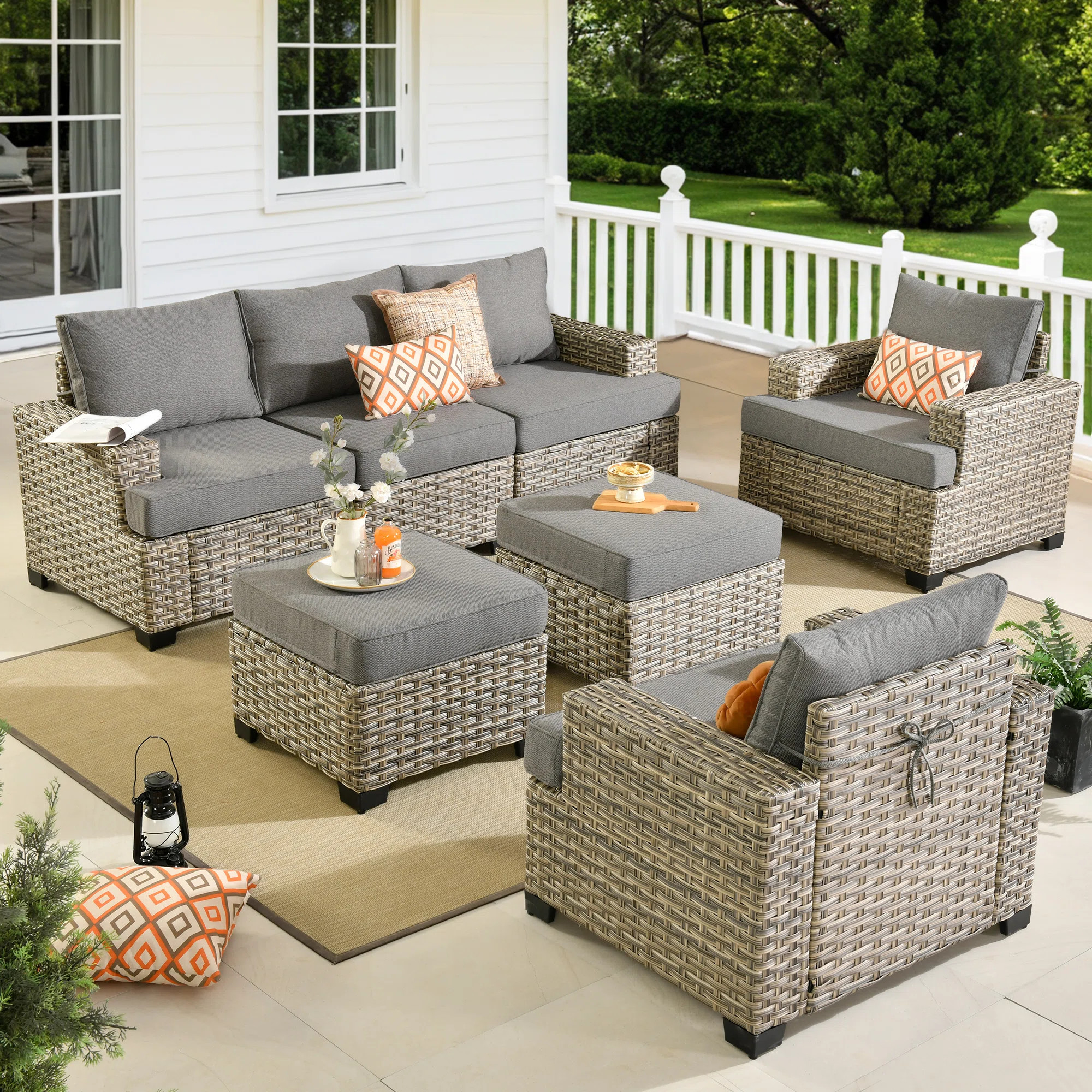 7 - Person Patio Furniture Set with Chairs, Outdoor Wicker Rattan Sectional Seating Group with Cu... | Wayfair North America