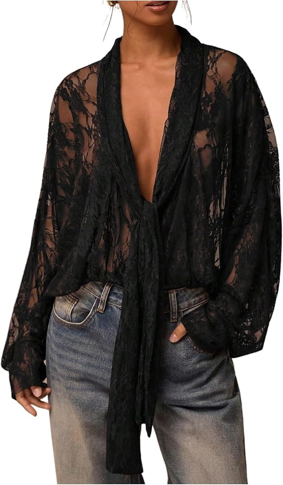 SOLY HUX Women's Lace Long Sleeve Tops Deep V Neck Sheer Mesh Top Tie Front Blouse Shirts | Amazon (US)