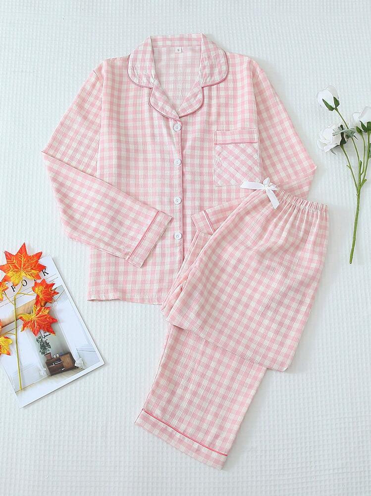 2pcs/Set Women Plaid Print Long Sleeve Button Collar Pajama Shirt And Long Pants Casual Sleepwear... | SHEIN