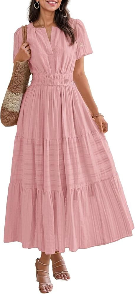 Womens Summer Midi Maxi Dresses Casual V Neck Short Sleeve Flowy A Line Boho Beach Dress with Poc... | Amazon (US)