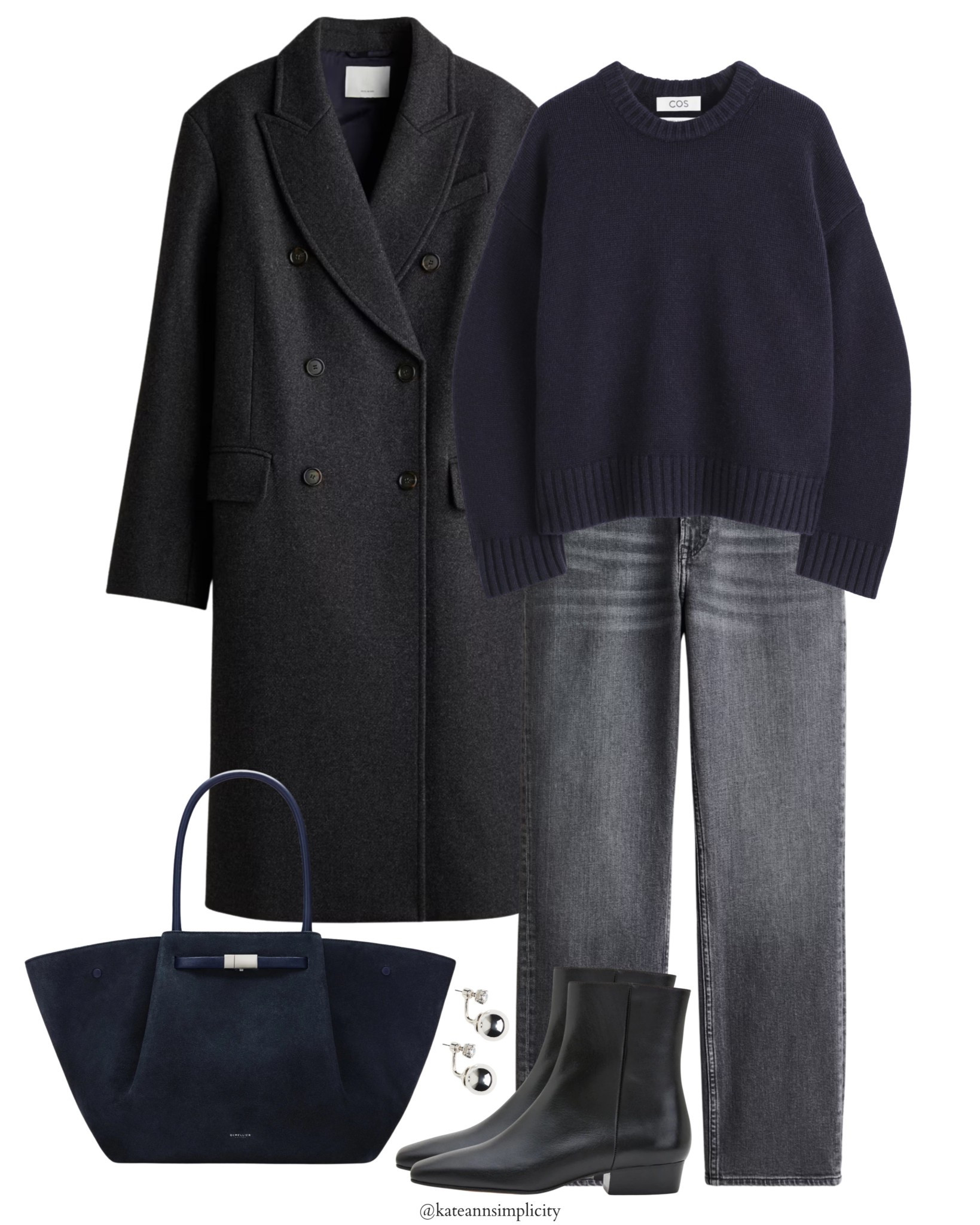A timeless minimalist outfit built on effortless elegance. Charcoal wool coat, navy knit, washed grey denim and sleek black ankle boots create a modern, polished look perfect for everyday sophistication. The structured navy tote and understated jewelry add balance, making this the ideal combination for clean, refined style.

#LTKSeasonal #LTKHoliday #LTKOver40