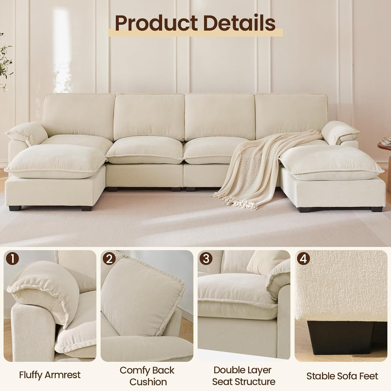 129" Modular Sectional Sofa with Reversible Chaise & Padded Armrests Deep Seat Cloud Couch Sectio... | Amazon (US)