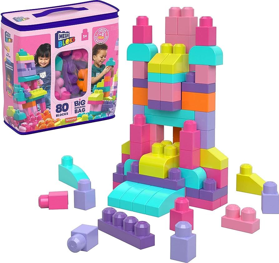 MEGA BLOKS Fisher-Price Toddler Block Toys, Big Building Bag with 80 Pieces and Storage Bag, Pink... | Amazon (US)