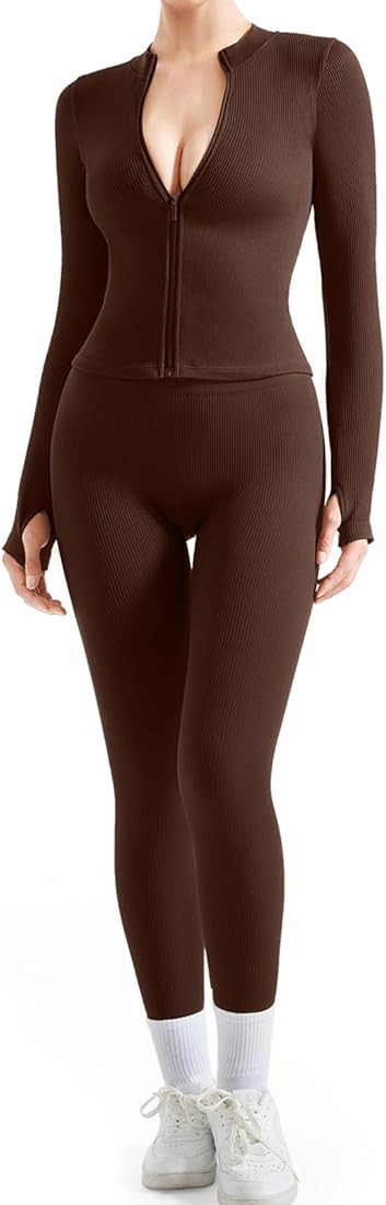 SUUKSESS Women 2 Piece Seamless Ribbed Workout Sets With Zip Up Jacket High Waisted Gym Yoga Legg... | Amazon (US)
