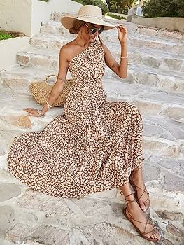 PRETTYGARDEN Women's Floral Maxi Dress 2024 Knot One Shoulder Sleeveless Ruffle Hem Flowy Boho Dr... | Amazon (US)