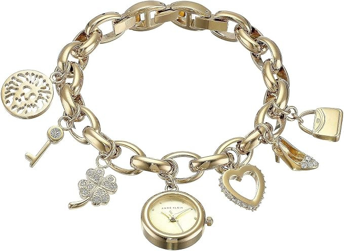 Anne Klein Women's Premium Crystal Accented Gold-Tone Charm Bracelet Watch, 10/7604CHRM | Amazon (US)