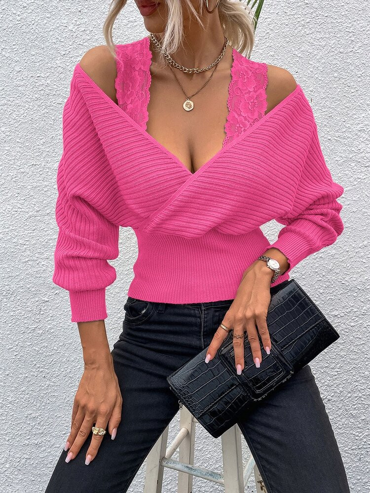 Contrast Lace Cold Shoulder Dolman Sleeve Sweater | SHEIN