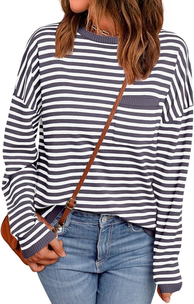 LILLUSORY Womens Striped Soft Knit Pullover Sweater Loose Fit Shirts with Chest Pocket | Amazon (US)