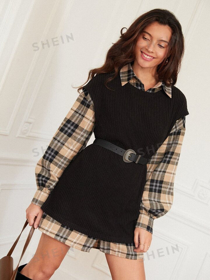 SHEIN Frenchy Plaid Drop Shoulder Blouse & Vest Without Belt Vintage Sytle | SHEIN