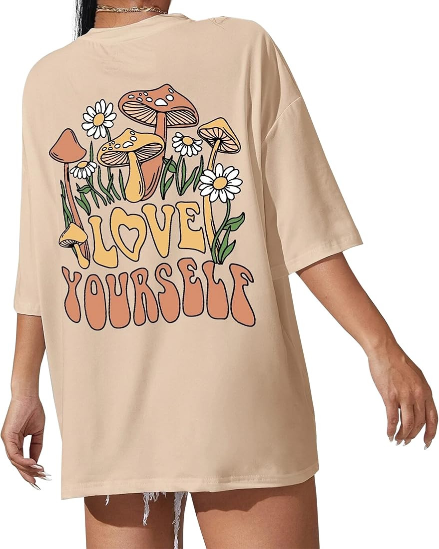 SAFRISIOR Oversized Tee Shirt for Women Letter Graphic T Shirts Short Sleeve Round Neck Drop Shou... | Amazon (US)