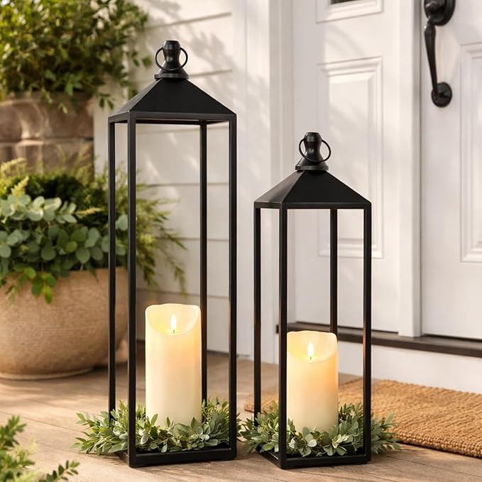 22'' 19'' Large Lanterns Decorative Outdoor Indoor, Set of 2 Black Metal Candle Lanterns Modern F... | Amazon (US)