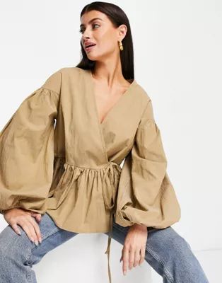 ASOS EDITION oversized wrap smock top with blouson sleeve in camel | ASOS (Global)