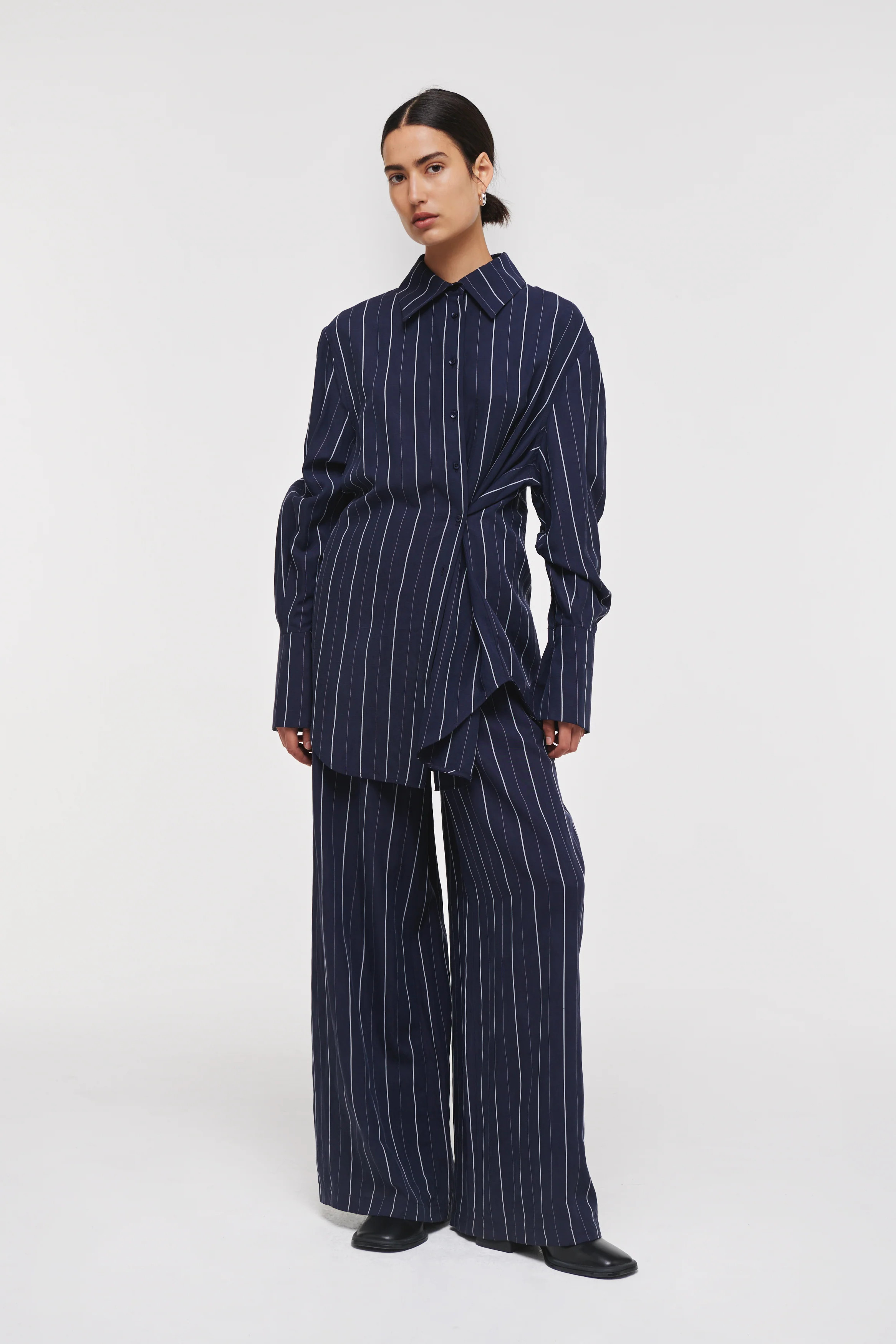 Koi | Wide Leg Trouser in Navy Stripe | ALIGNE | Aligne UK