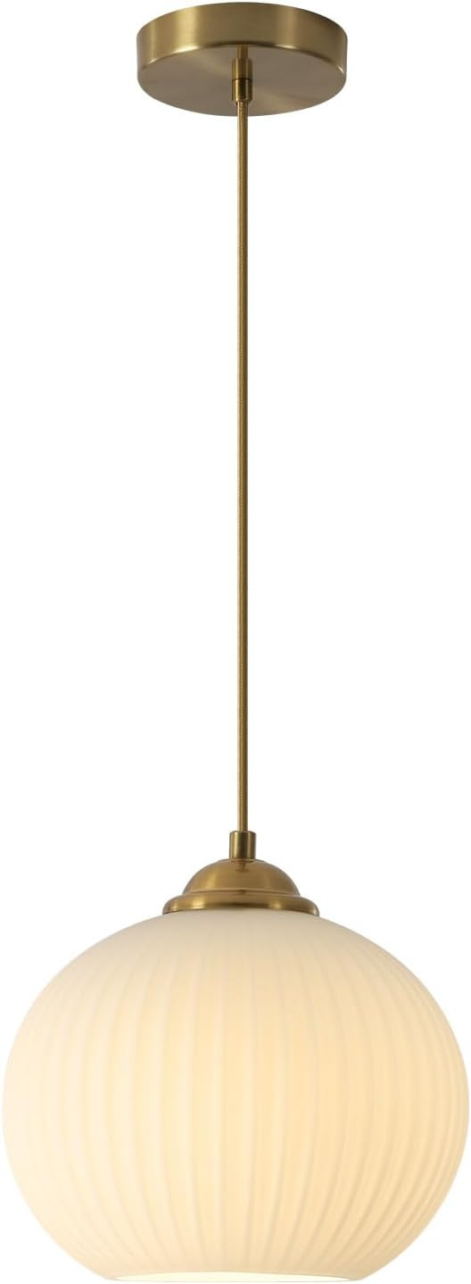 KCO Lighting Modern Brass Gold Globe 7.9” Ribbed Milk Glass Pendant Light | Amazon (US)