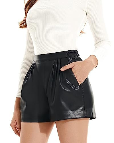 Women's Faux Leather Shorts High Waisted Elastic with Pockets PU Leather Shorts S | Amazon (US)