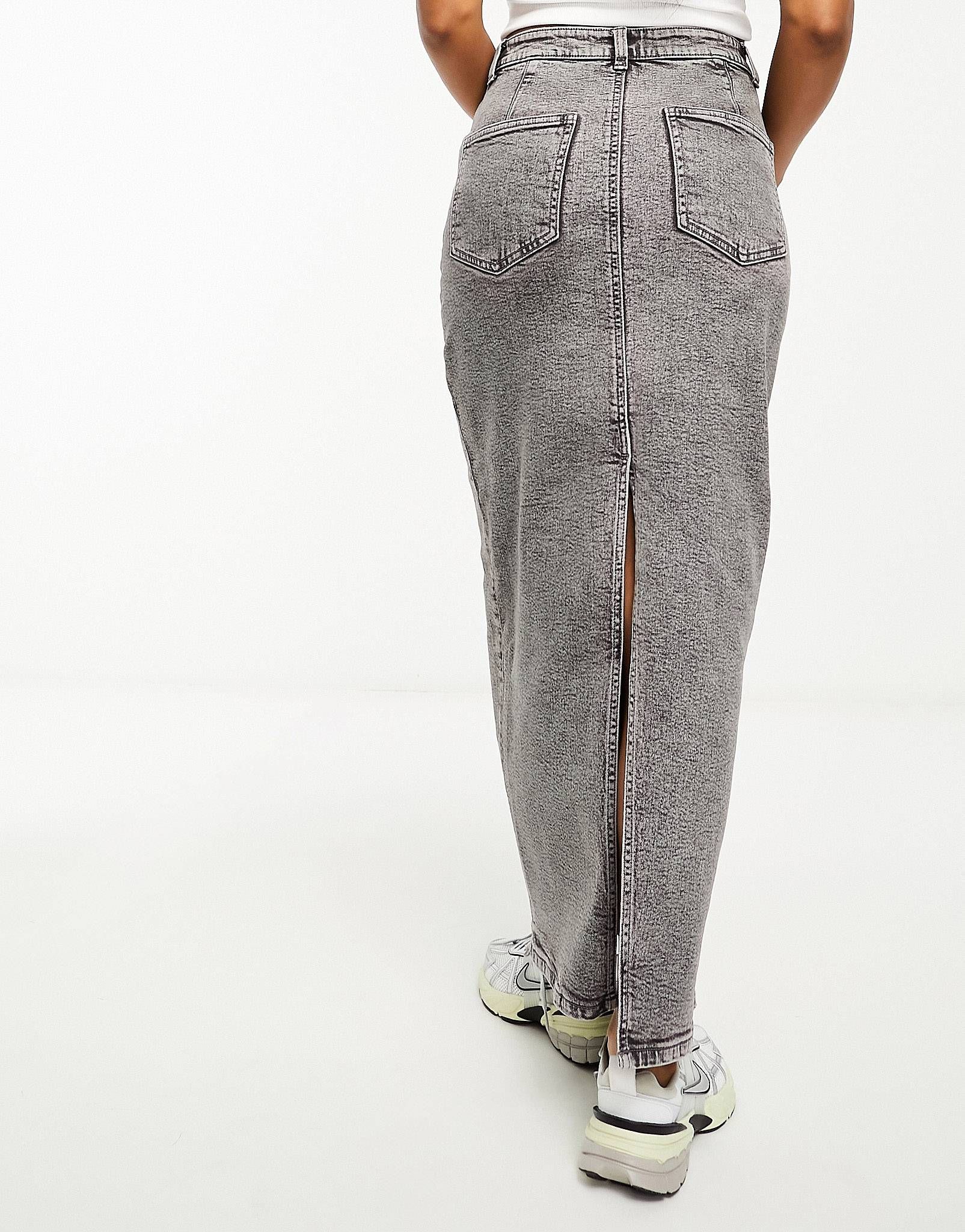 ASOS DESIGN denim maxi skirt with split hem in washed gray | ASOS (Global)