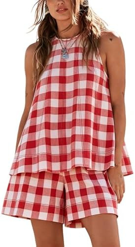 Gozoloma Women's Oversized Gingham 2 Piece Set Crewneck Sleeveless A-Line Top and Relaxed Shorts ... | Amazon (US)