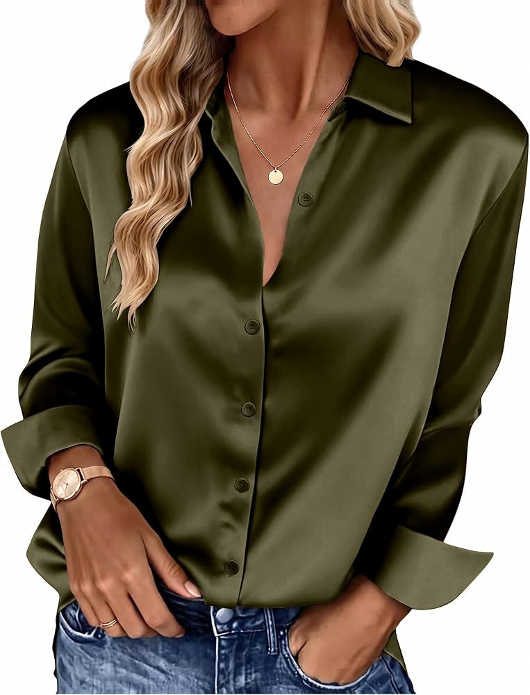 HOTOUCH Button Down Shirts for Women Satin Silk Collared Dressy Casual Blouses Loose Long Sleeve ... | Amazon (US)