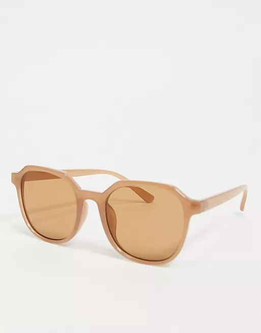 ASOS DESIGN recycled frame hexagon round sunglasses in milky pale brown | ASOS (Global)
