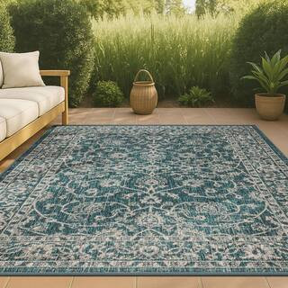 Palazzo Vine and Border Teal/Gray 7 ft. 9 in. x 10 ft. Textured Weave Indoor/Outdoor Area Rug | The Home Depot