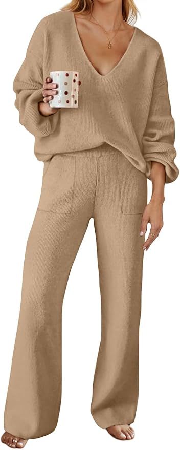 MEROKEETY Women's 2 Piece Outfits Long Sleeve V Neck Knit Pullover Tops and Wide Leg Pant Lounge ... | Amazon (US)