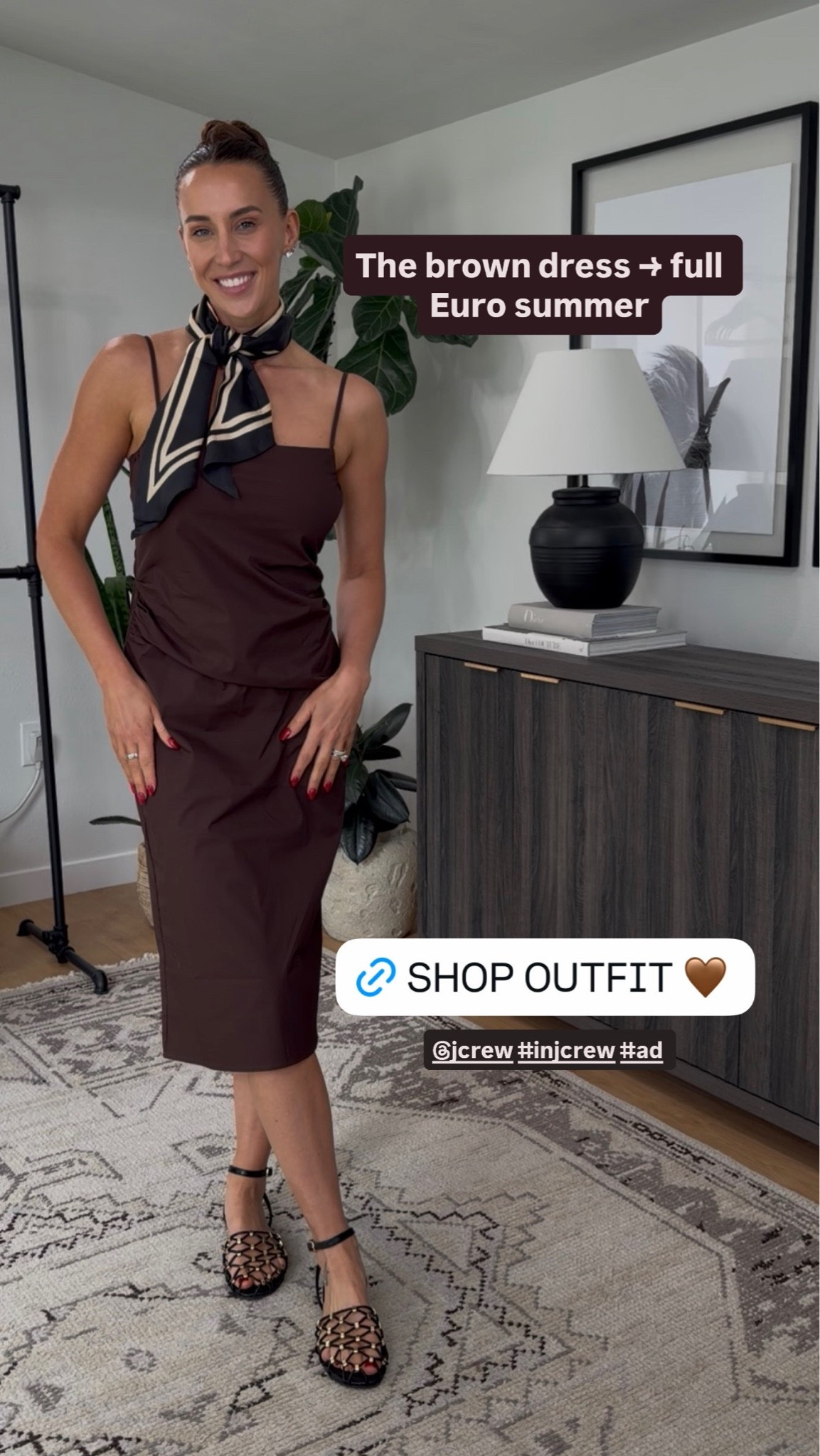 @jcrew dress styled  for summer 🤎

And a brown slip dress (size 6) with a black woven bag, strappy flats, and a silk accessory for full Euro summer

#injcrew #ad

#LTKootd #LTKSeasonal #LTKBaby