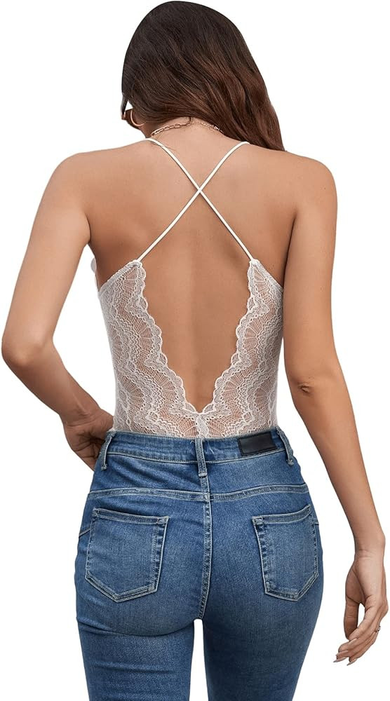 SweatyRocks Women's Lace Sleeveless Cami Bodysuit Backless Scallop Trim Jumpsuit | Amazon (US)