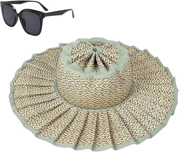 Women's Straw Reversible Pleated Sun Hat,Foldable Wide Brim Beach Hat,Summer Outdoor Travel UV Pr... | Amazon (US)