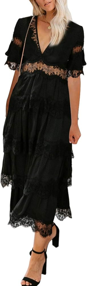 BLENCOT Womens Casual V Neck Long Evening Dress Cocktail Party Maxi Wedding Dresses | Amazon (US)